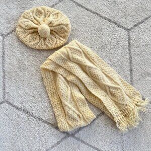 Vintage 70s/80s Cream Wool Knit Hade Made in Ireland Hat and Fringe Scarf Set
